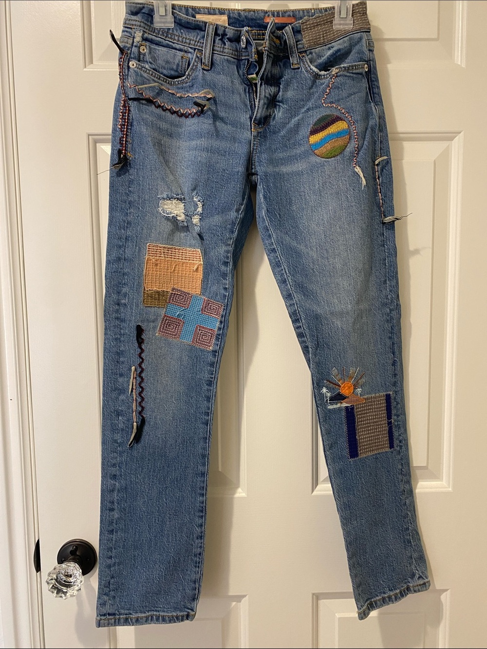 Pilcro Blue Straight-Leg Jeans with Multicolor Embroidered Patches